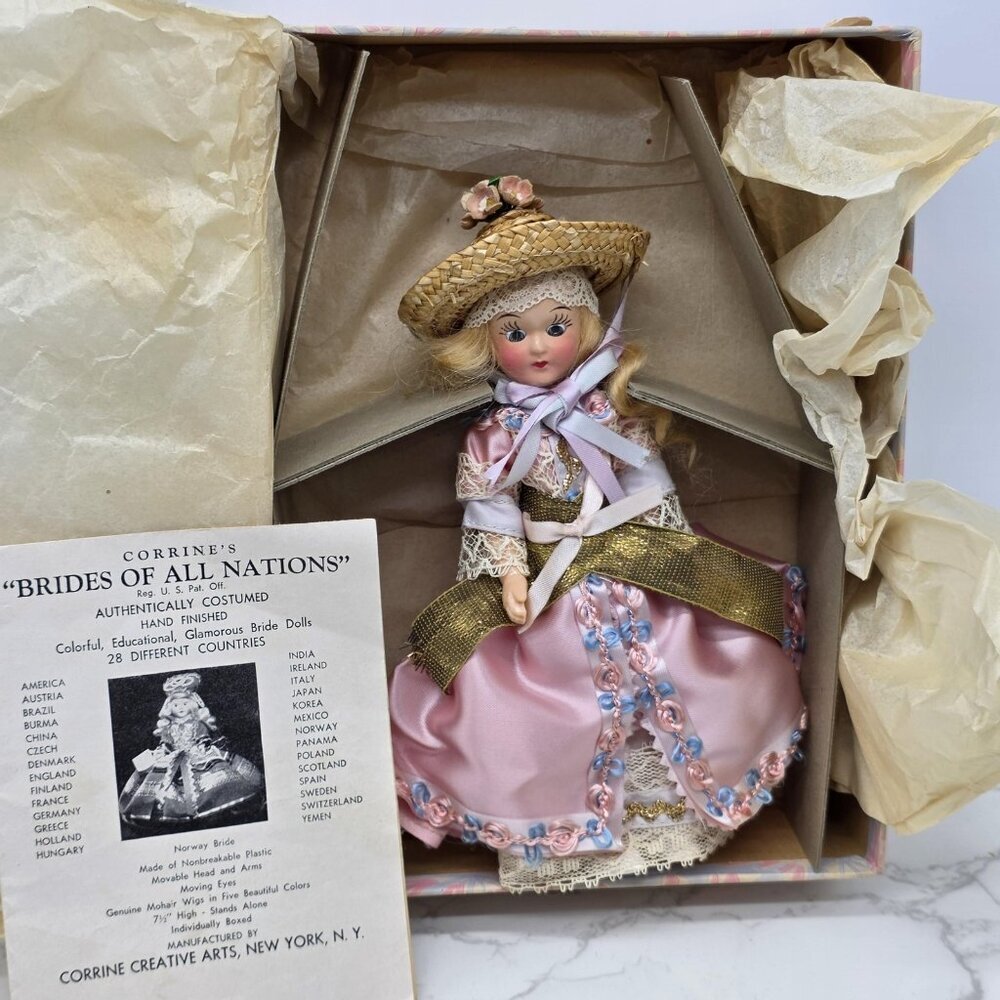Vintage Corrine Bride Of All Nation Norway Bride Doll Pink Satin Dress Hat Boxed